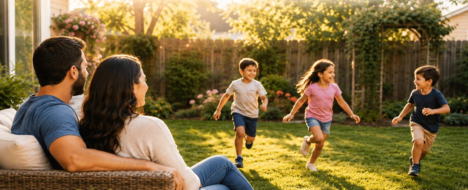 Two parents sitting together on a patio, watching their three children play in the garden at sunset.