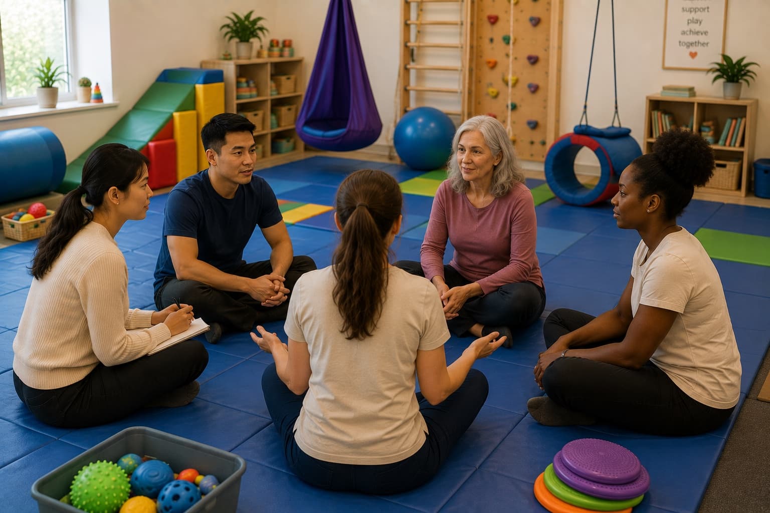 Members of our team sitting together in a circle on the mats in the therapy room.