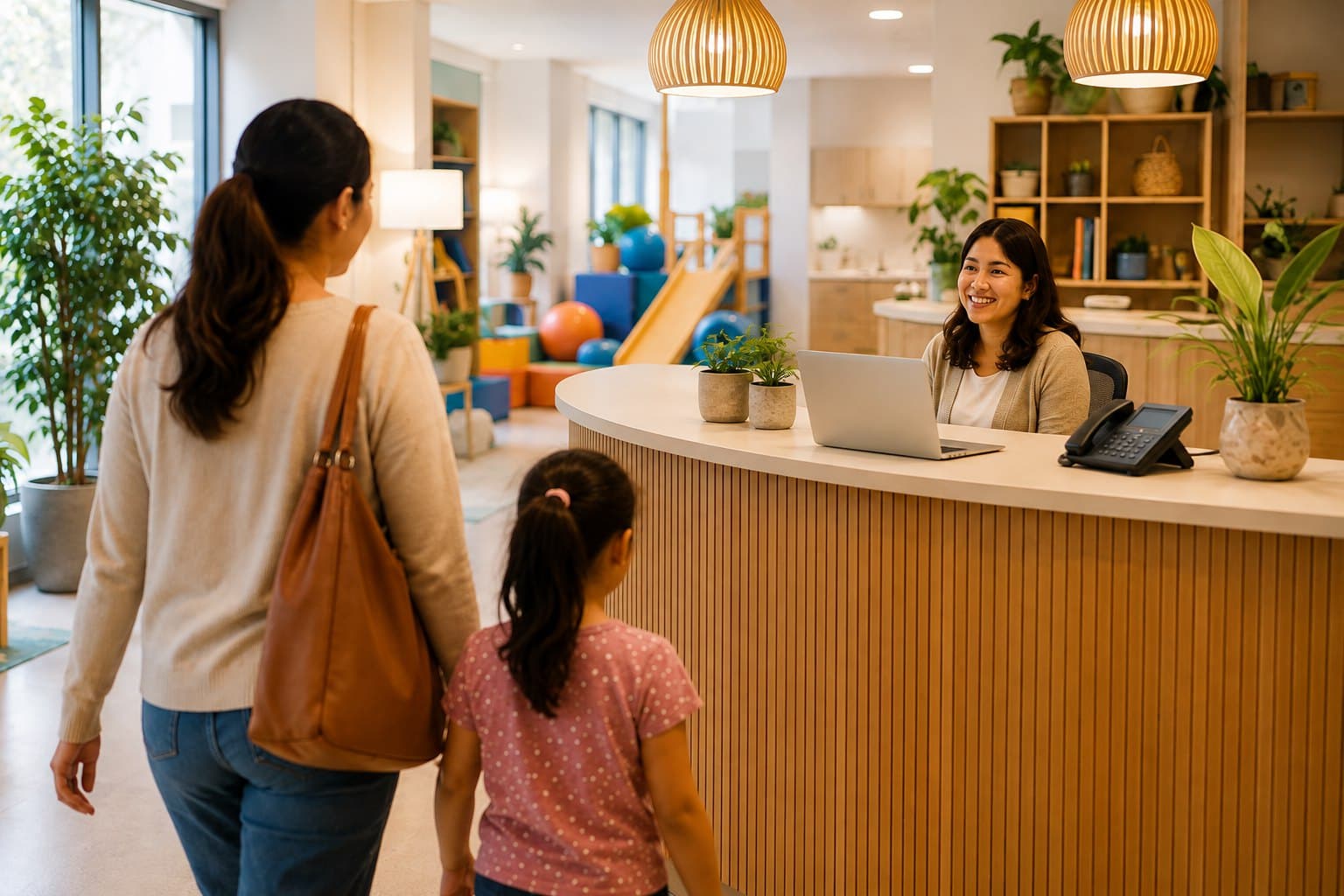 A parent and child arriving at the clinic's welcome desk.