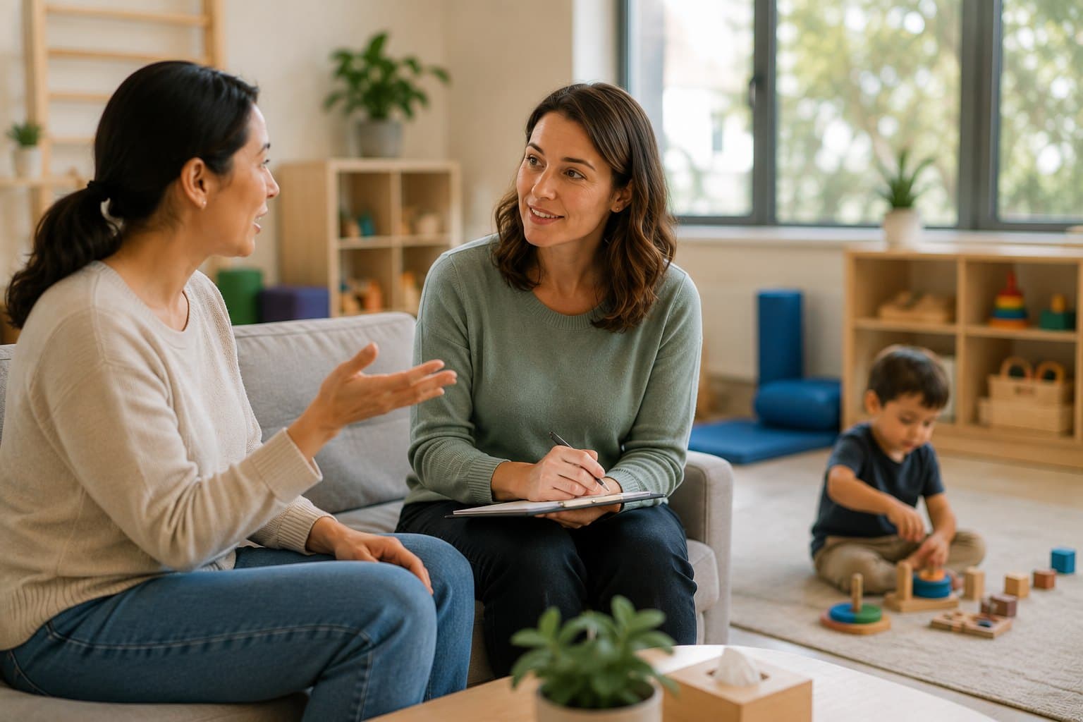 A parent and a therapist talking together while a child plays nearby.