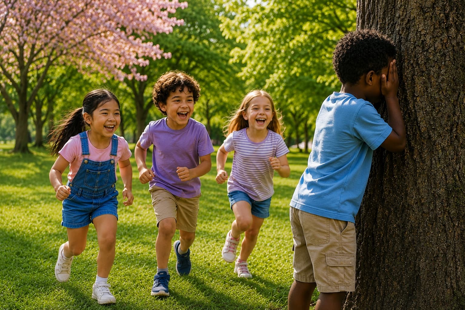 Four children playing hide-and-seek among trees in a sunlit park.