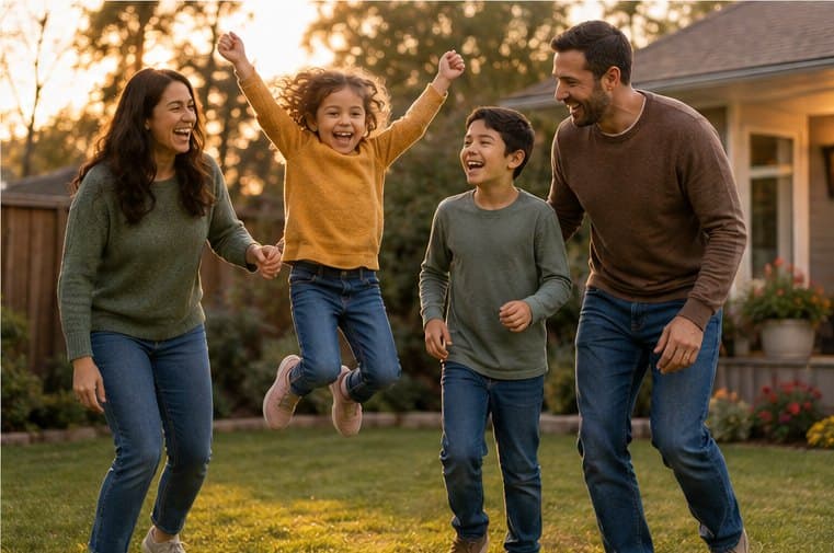 A family in their garden at sunset, one child jumping with both arms raised.