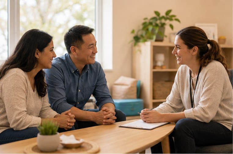 Two parents talking with a therapist across a table in a bright consultation room.