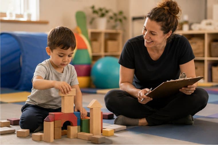 A therapist sitting on the floor watching a young boy build with wooden blocks.