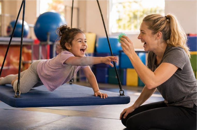 A girl on a platform swing reaching for a toy a therapist is holding out.