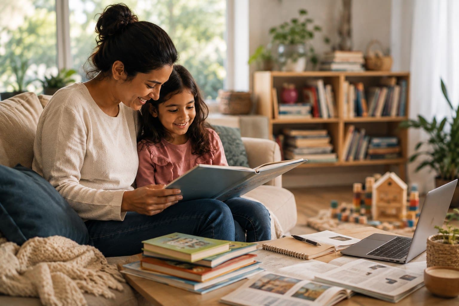 A parent and child sitting together on a sofa, reading a picture book.