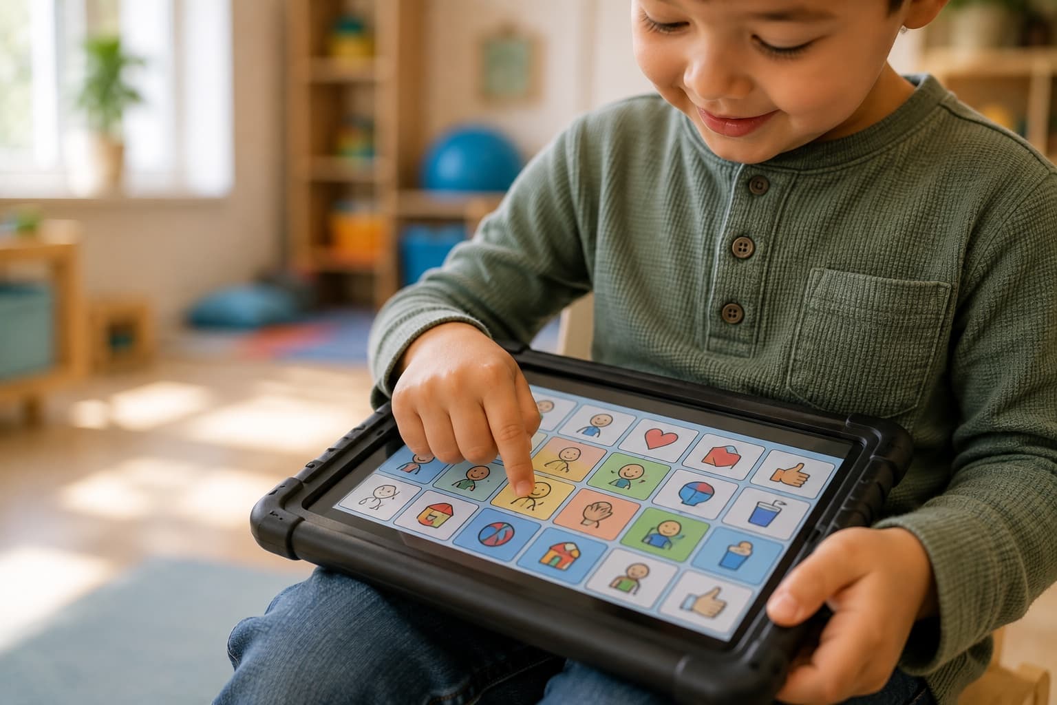 A boy pressing a picture symbol on a tablet resting on his lap.