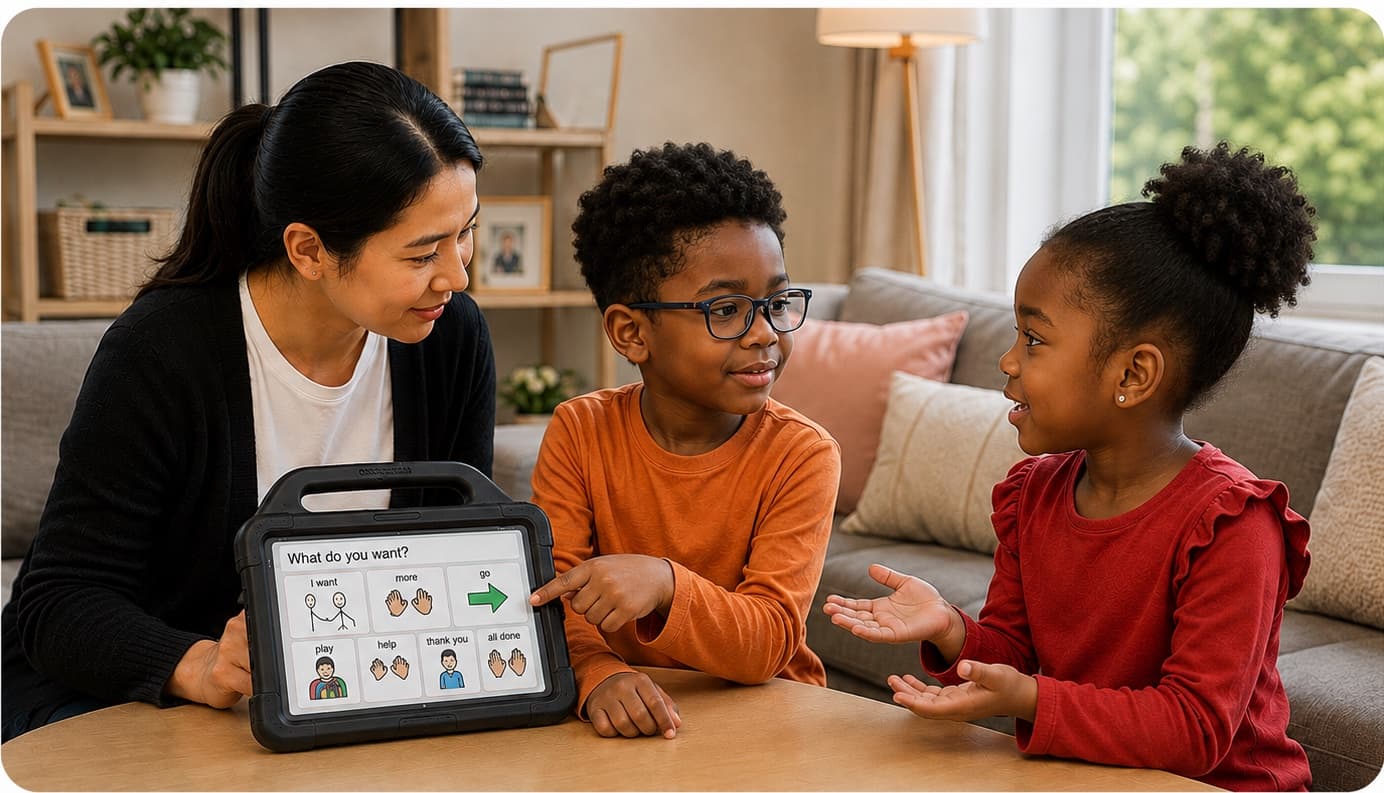 Two children and a therapist talking together using a tablet with picture symbols.
