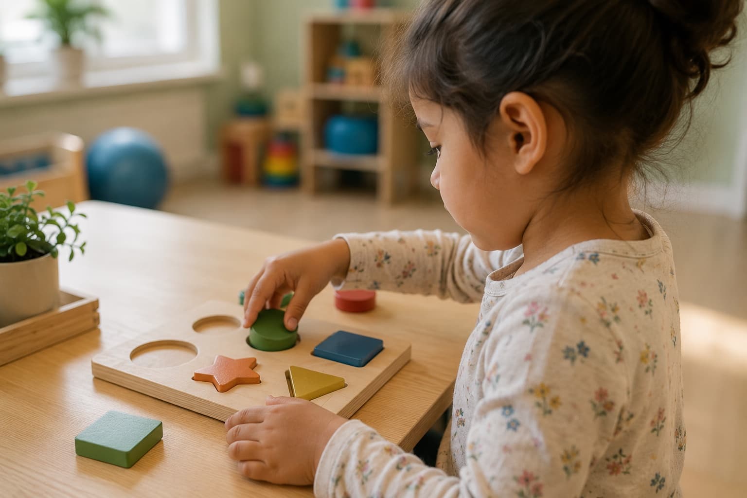 A girl fitting a wooden shape into a shape-sorting board at a low table.
