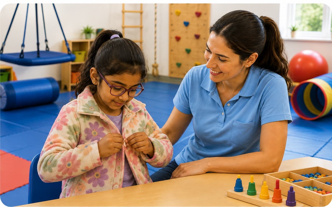 A therapist sitting alongside a girl as she fastens the buttons on her jacket.