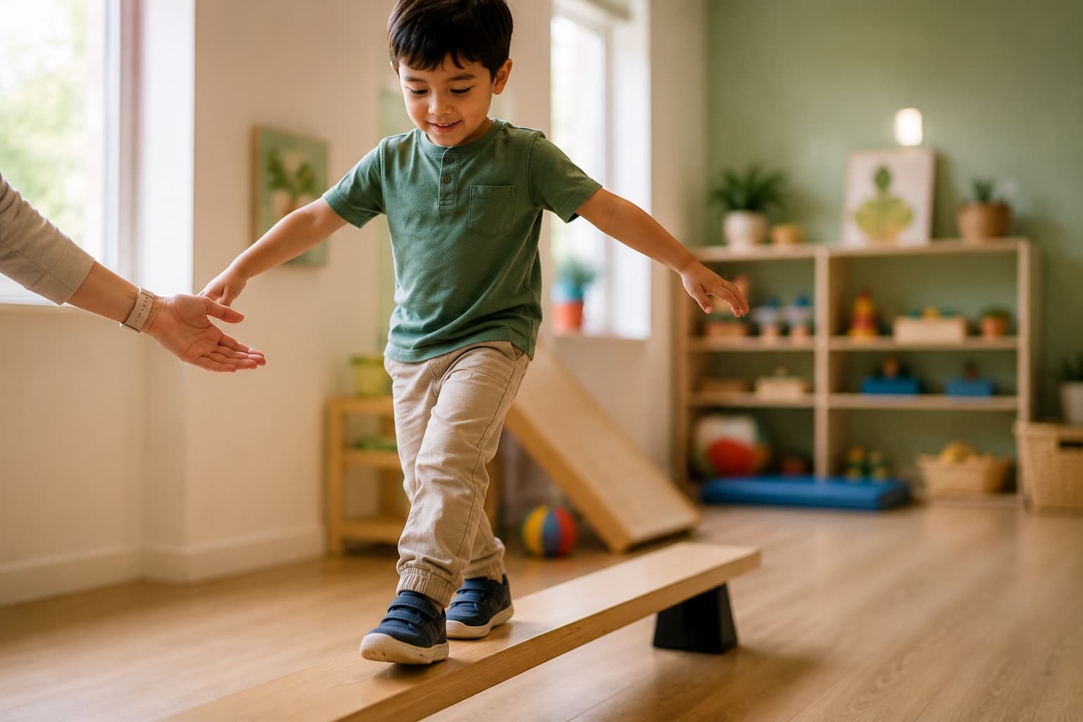A boy walking along a low balance beam, reaching toward a therapist's outstretched hand.