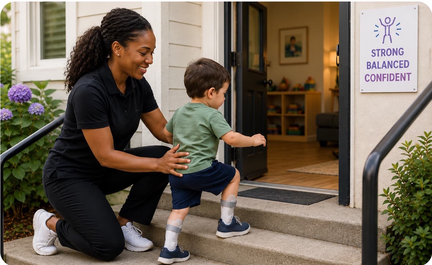 A therapist steadying a young boy as he climbs the front steps of the clinic.
