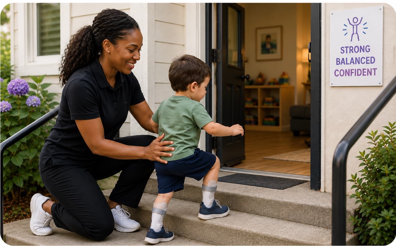 A therapist steadying a young boy as he climbs the front steps of the clinic.