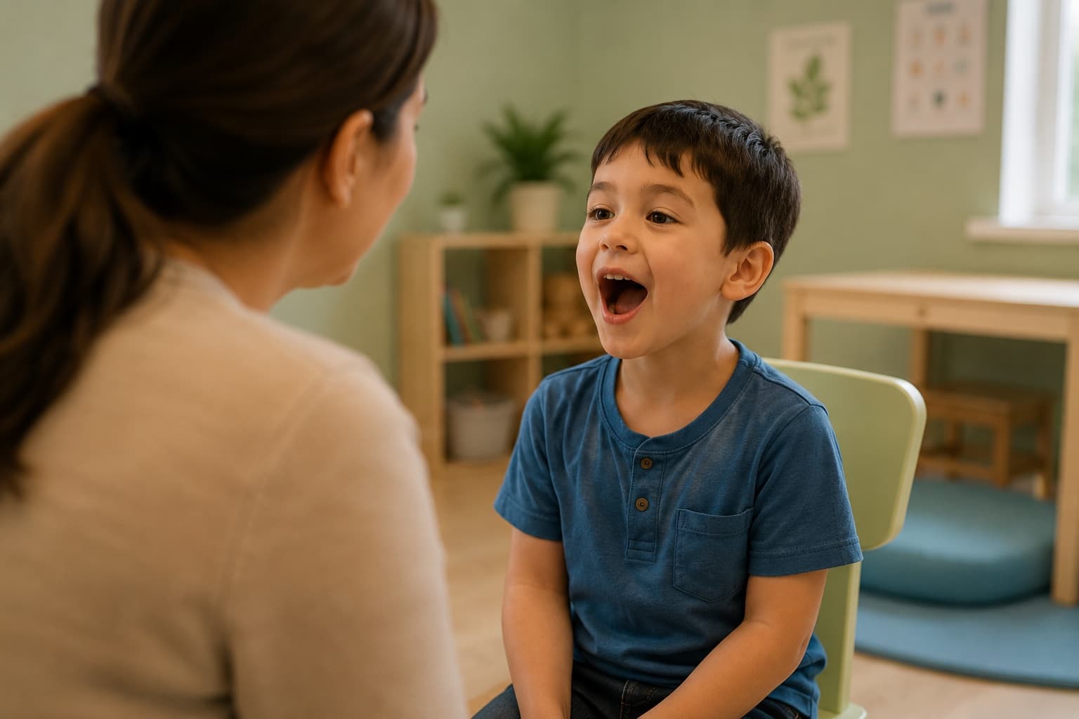 A boy sitting face to face with a therapist, mouth open as he makes a sound.