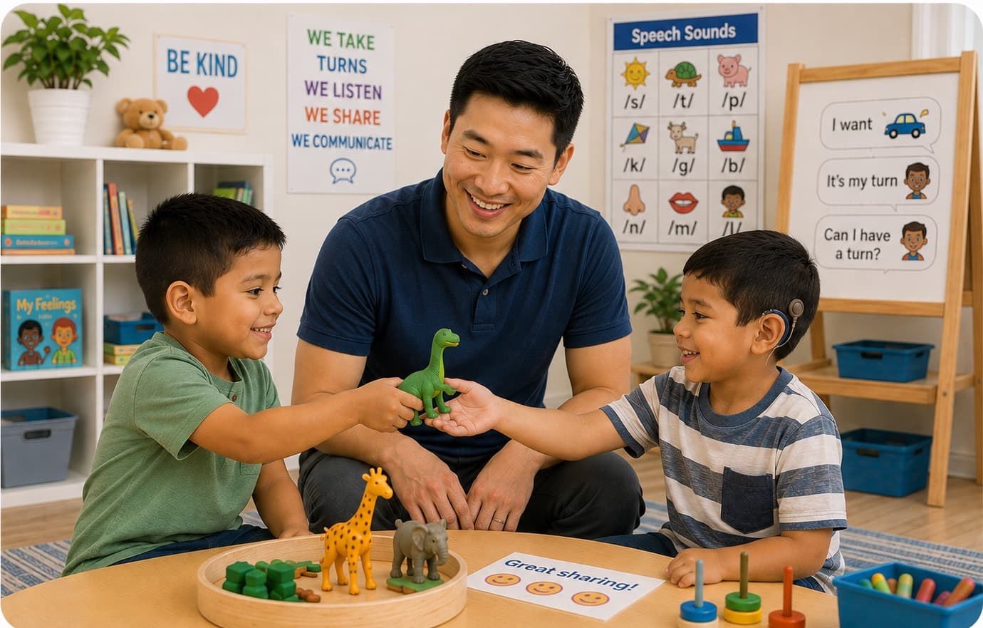 A therapist watching as one boy passes a toy dinosaur to another across the table.