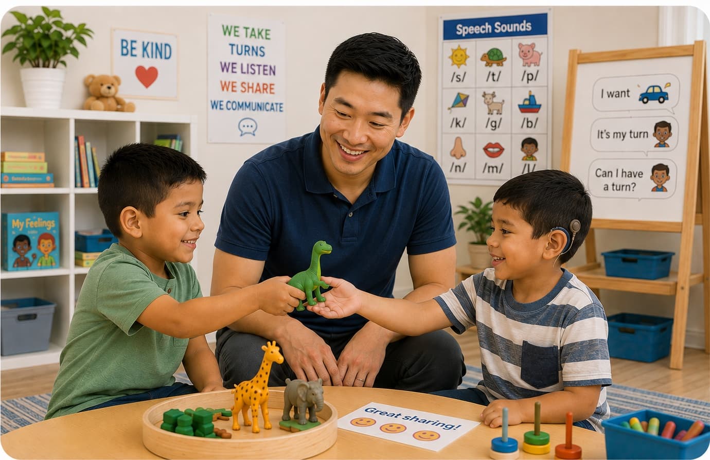 A therapist watching as one boy passes a toy dinosaur to another across the table.