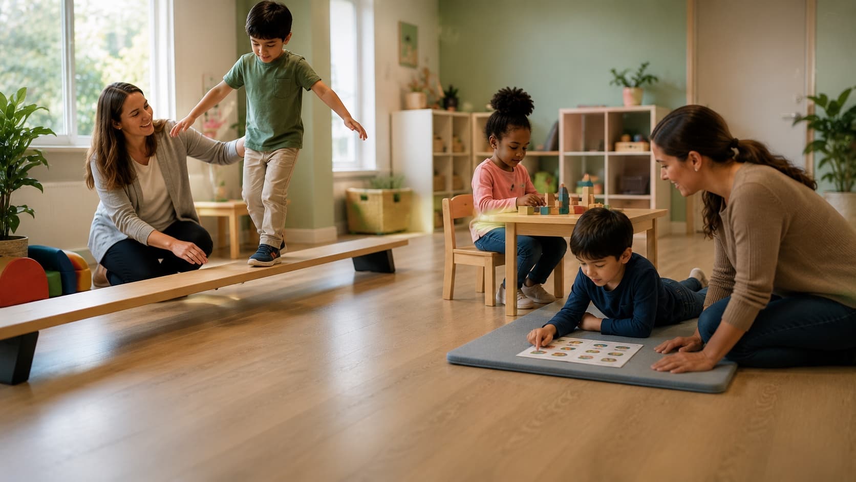 Three children in a bright clinic room — one walking a low balance beam beside a kneeling therapist, one building with wooden blocks at a low table, one lying on a mat pointing at a picture board with a therapist alongside.