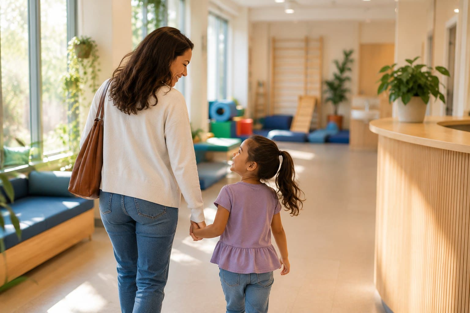 A parent and child walking into the clinic together, hand in hand.
