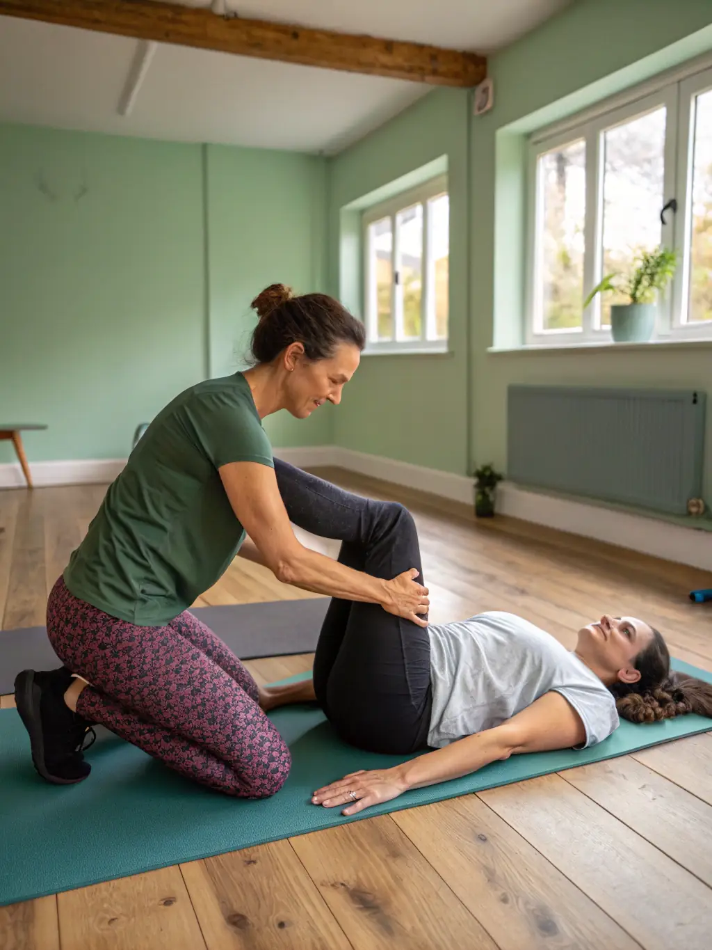 An adult client performing rehabilitative exercises with a therapist in a home gym area, focusing on recovery and comfort.