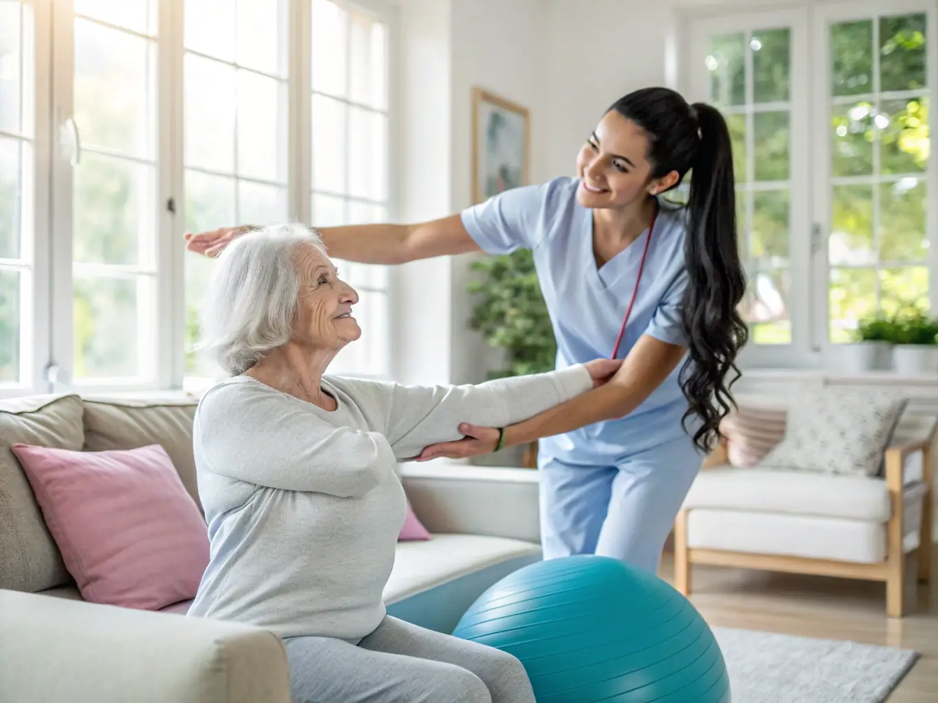 A physical therapist is guiding an elderly client through gentle exercises in their living room, focusing on improving mobility and reducing pain.