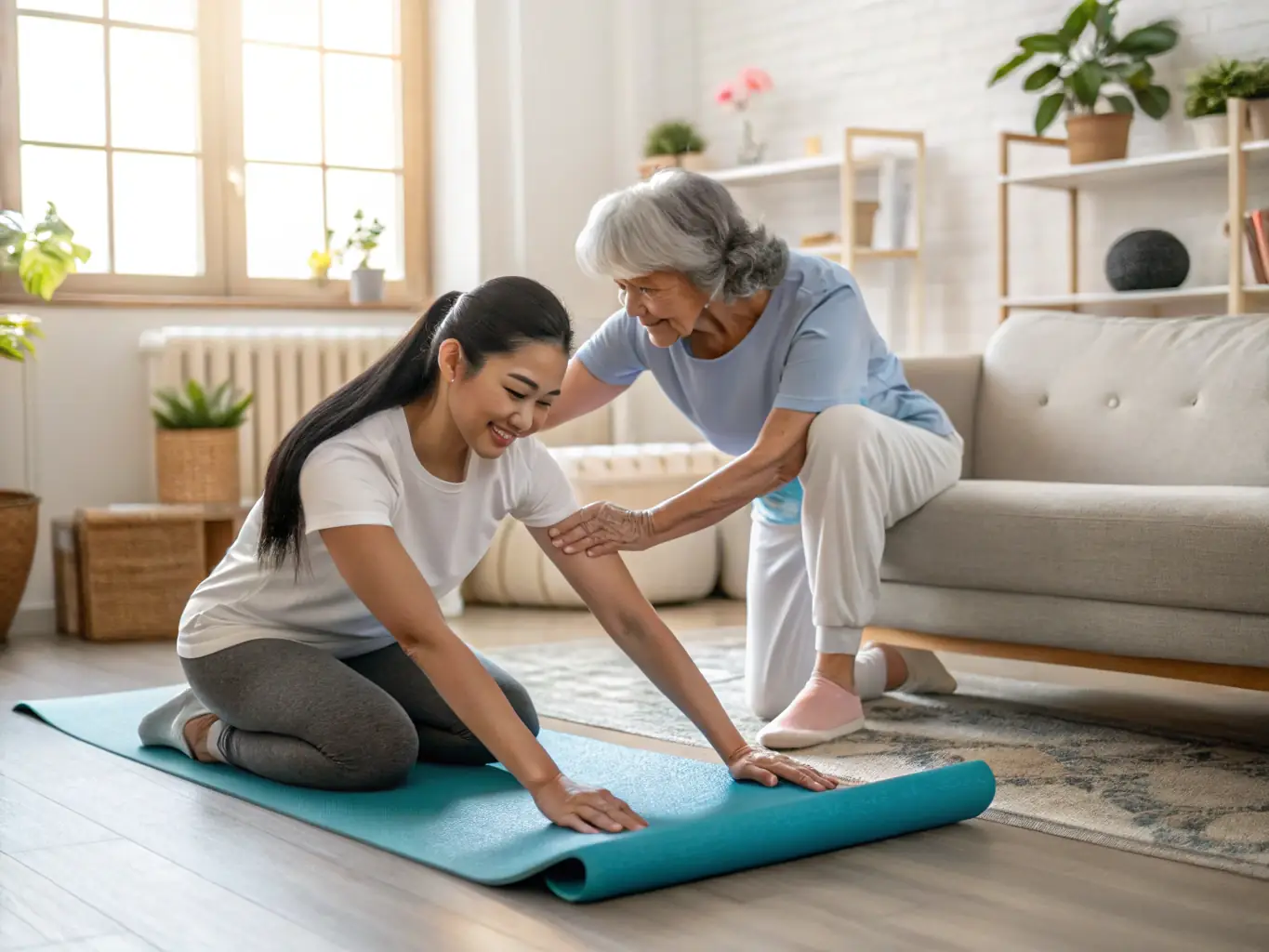 An adult physical therapist guiding a patient through exercises in their living room, helping them recover from an injury and manage chronic pain.