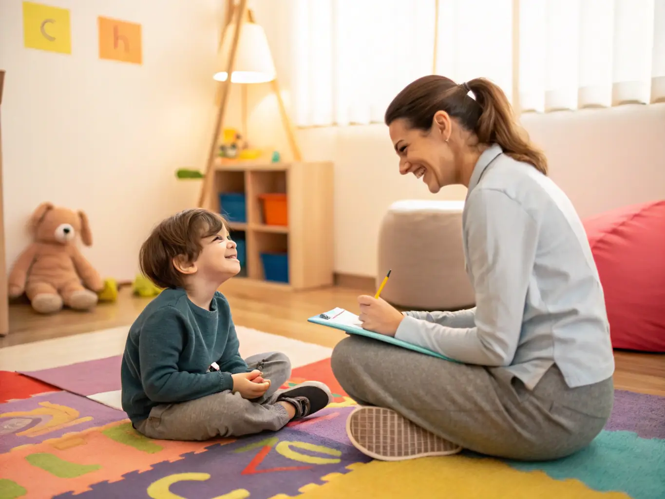 A therapist is conducting a pediatric physical therapy session with a child in their living room, focusing on improving motor skills through play.