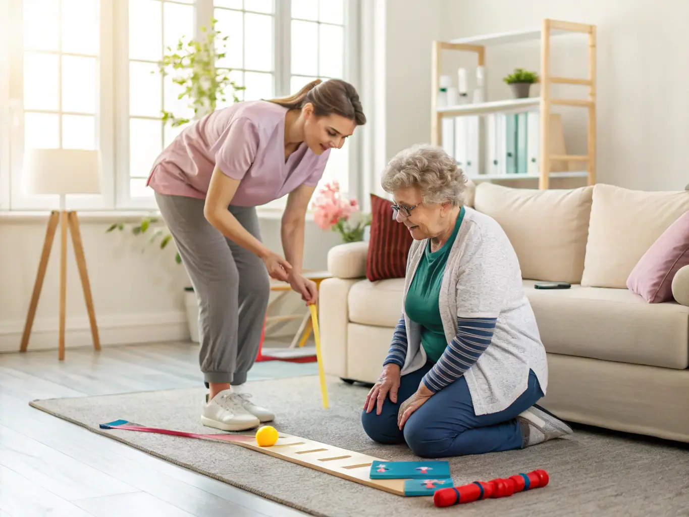 An occupational therapist assisting an adult client with daily living skills in their kitchen, focusing on improving coordination and independence.