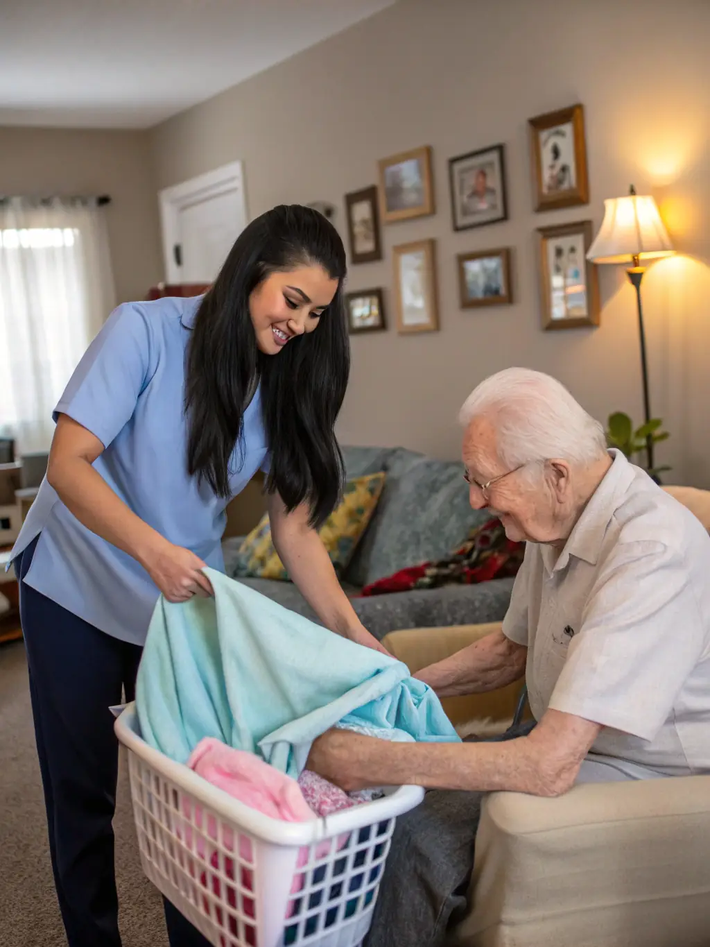 An occupational therapist guiding a client through daily activity exercises in a home setting, emphasizing improved coordination.