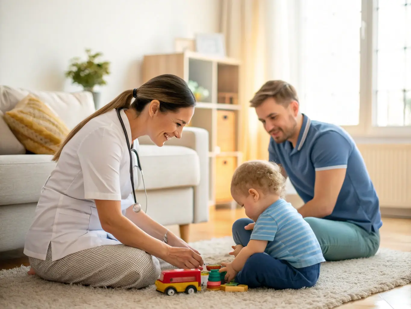 A physical therapist working with a child on motor skills in a home setting, using toys and games to make the session engaging and fun.